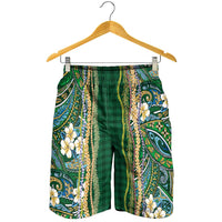 Hawaiian Art Flower Tribal with Lei Shorts for Men Palaka Pattern Green Color - Polynesian Pride