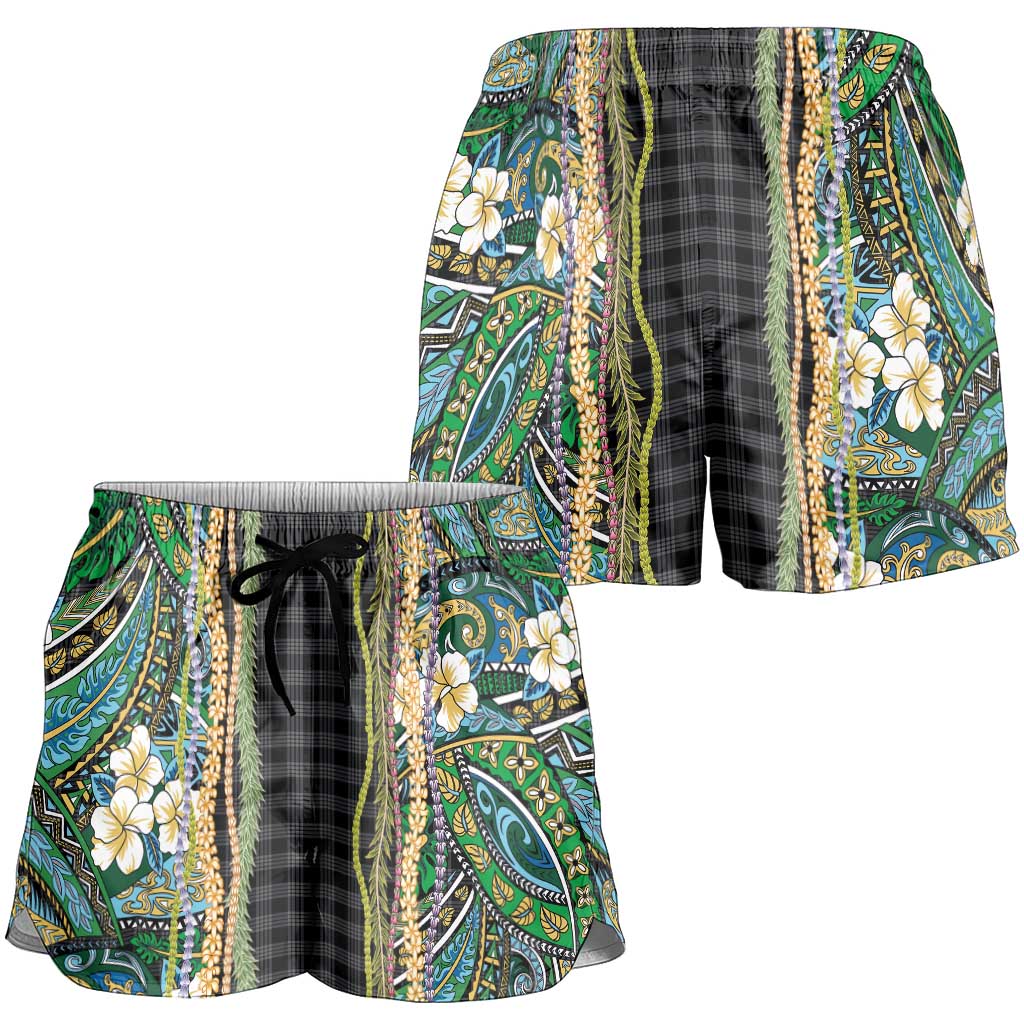 Hawaiian Art Flower Tribal with Lei Shorts for Women Palaka Pattern Black Color - Polynesian Pride