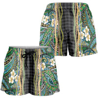 Hawaiian Art Flower Tribal with Lei Shorts for Women Palaka Pattern Black Color - Polynesian Pride