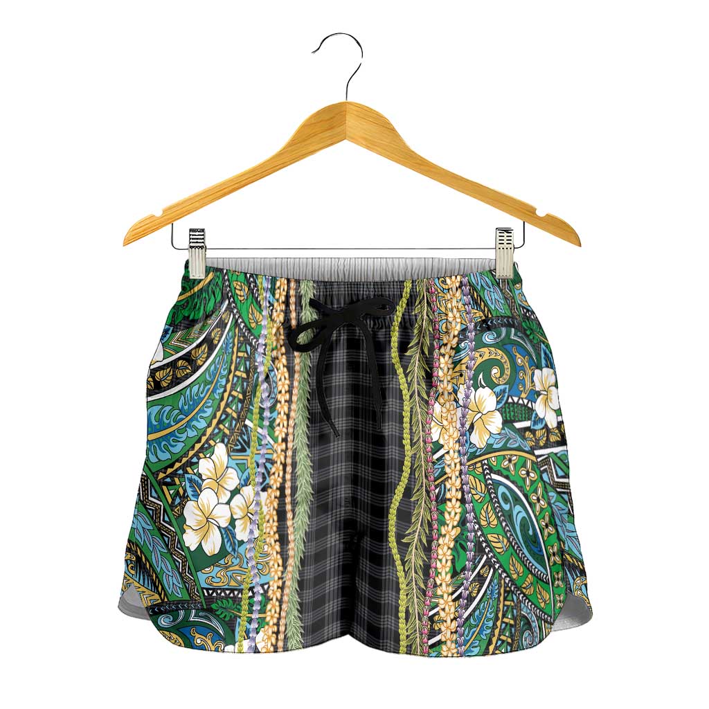 Hawaiian Art Flower Tribal with Lei Shorts for Women Palaka Pattern Black Color - Polynesian Pride
