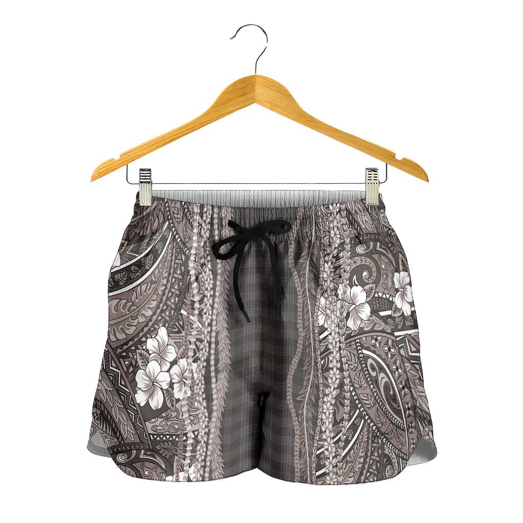Hawaiian Art Flower Tribal with Lei Shorts for Women Palaka Pattern Grayscale - Polynesian Pride