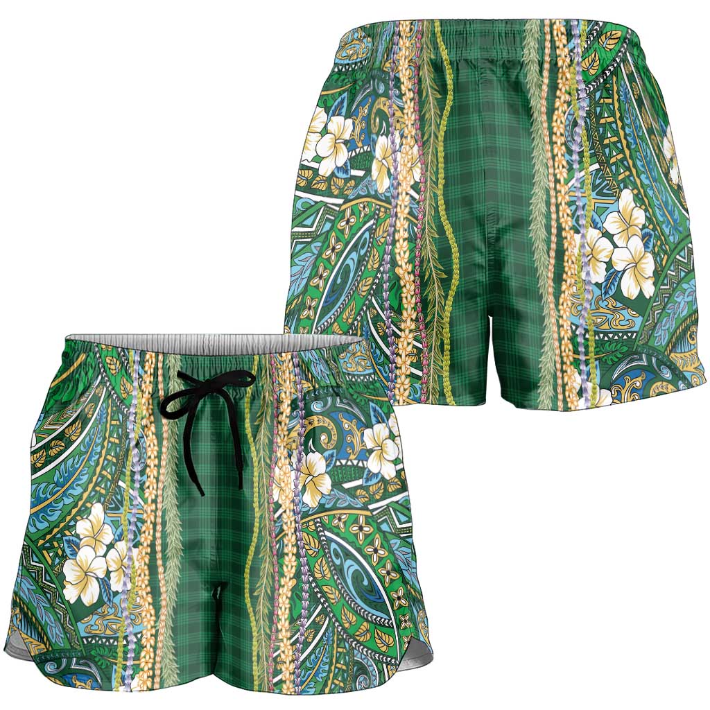 Hawaiian Art Flower Tribal with Lei Shorts for Women Palaka Pattern Green Color - Polynesian Pride