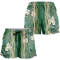 Hawaiian Art Flower Tribal with Lei Shorts for Women Palaka Pattern Green Color - Polynesian Pride
