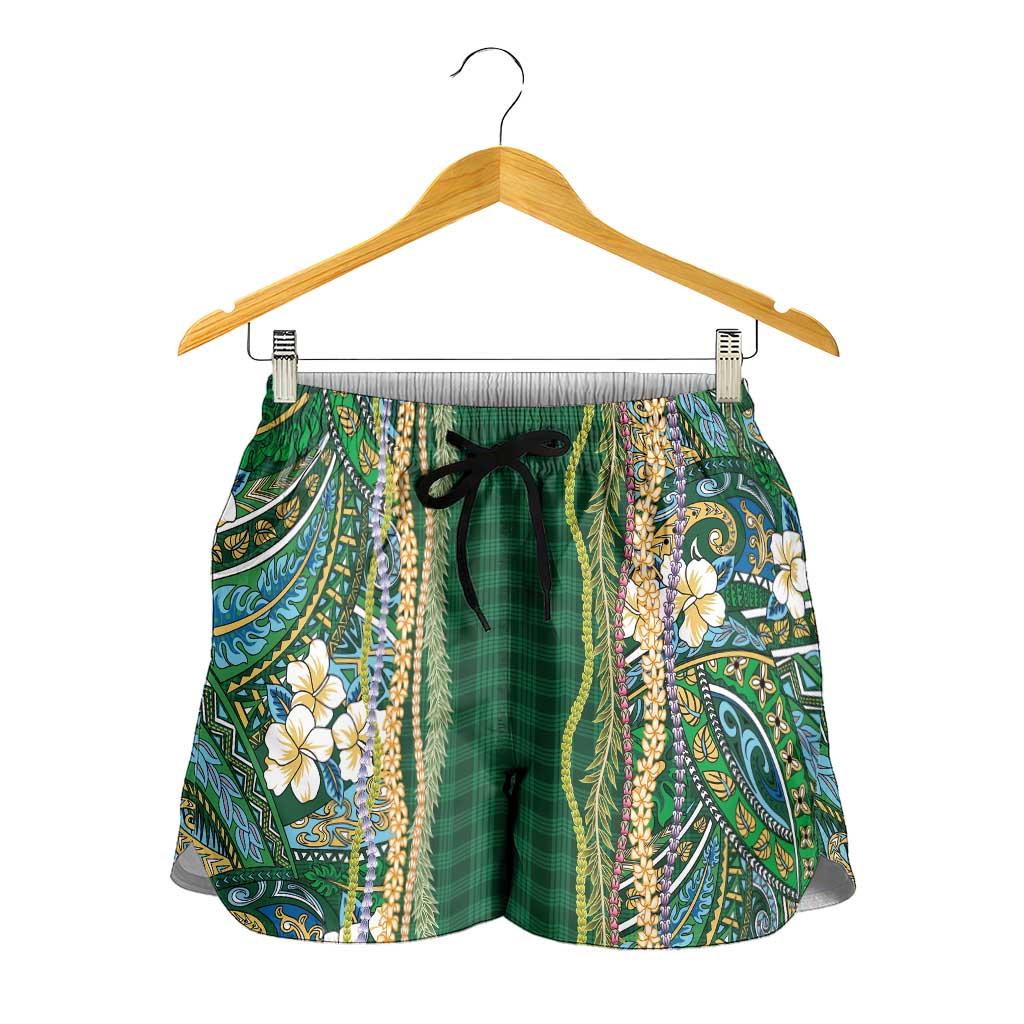 Hawaiian Art Flower Tribal with Lei Shorts for Women Palaka Pattern Green Color - Polynesian Pride
