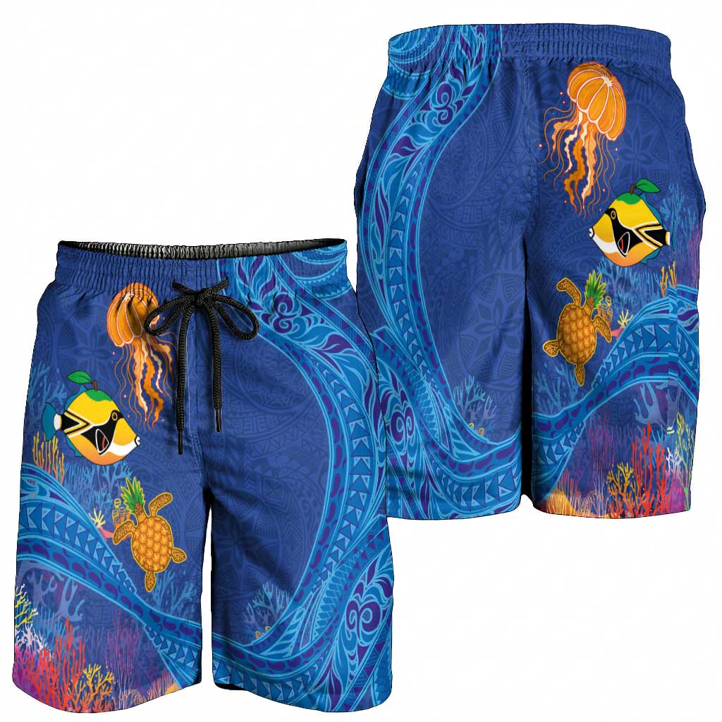 Hawaiian Funny Fruits Sea Animals Shorts for Men Mango Reef Triggerfish and Pineapple Turtle and Mandarin Jellyfish