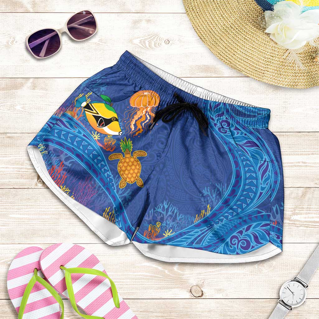 Hawaiian Funny Fruits Sea Animals Shorts for Women Mango Reef Triggerfish and Pineapple Turtle and Mandarin Jellyfish