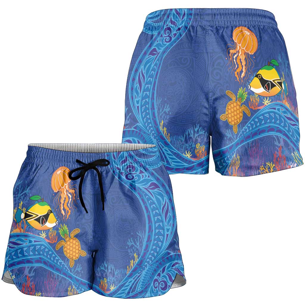 Hawaiian Funny Fruits Sea Animals Shorts for Women Mango Reef Triggerfish and Pineapple Turtle and Mandarin Jellyfish