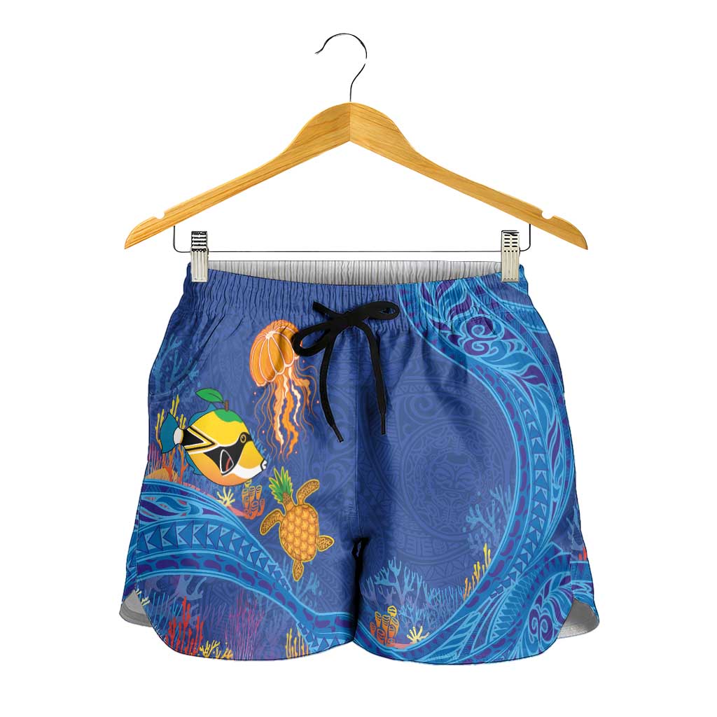 Hawaiian Funny Fruits Sea Animals Shorts for Women Mango Reef Triggerfish and Pineapple Turtle and Mandarin Jellyfish