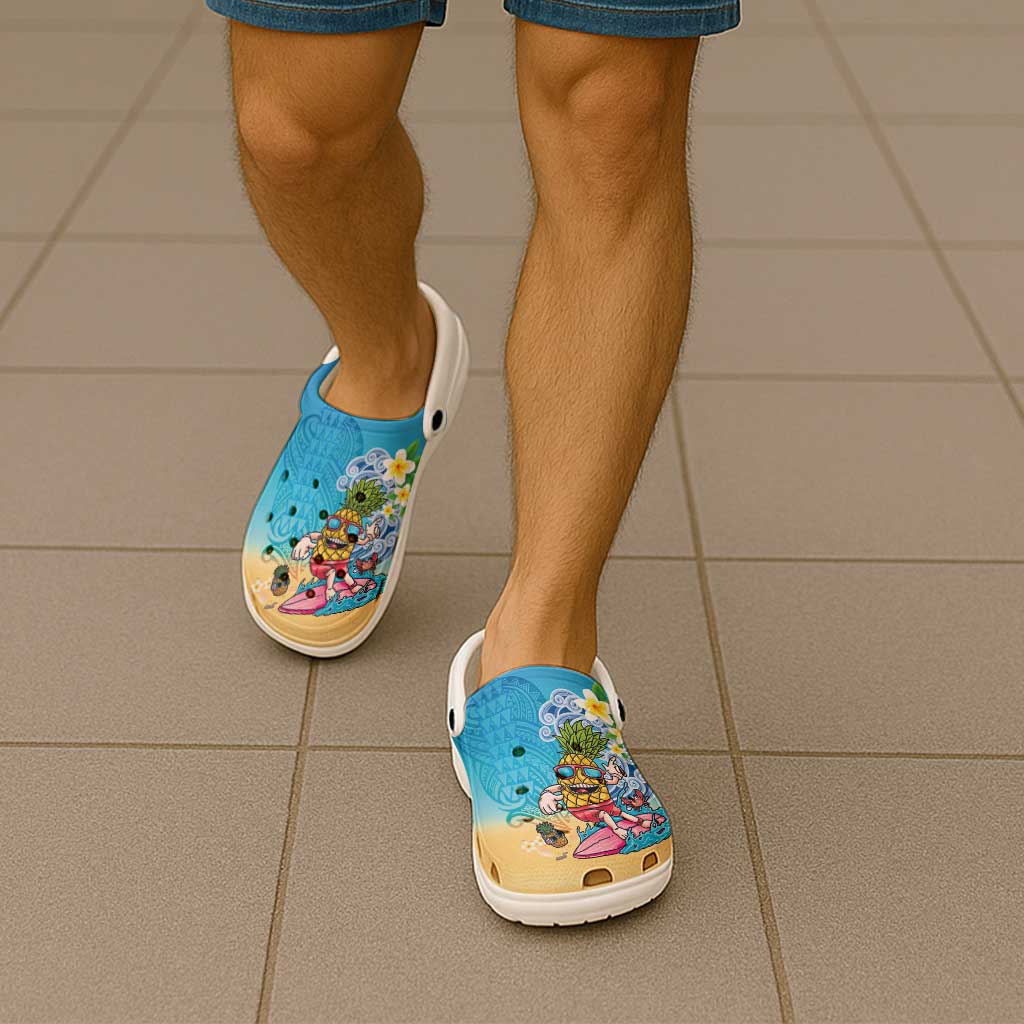 Hawaiian Funny Pineapple Surfing Clogs Shoes Beach with Tribal Kakau and Plumeria LT03 - Polynesian Pride