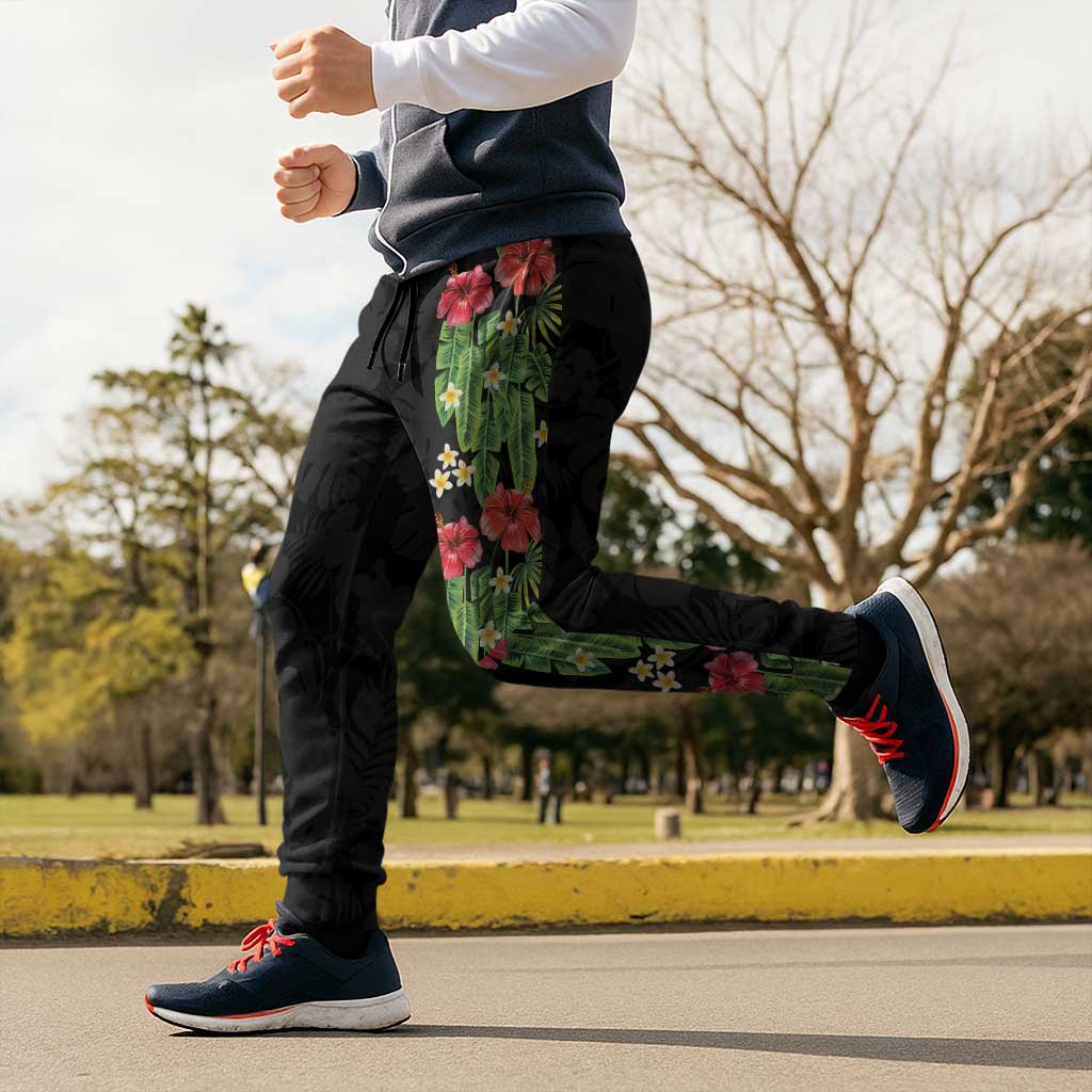 Hawaiian Hibiscus Plumeria Jogger Pants Tropical Leaves