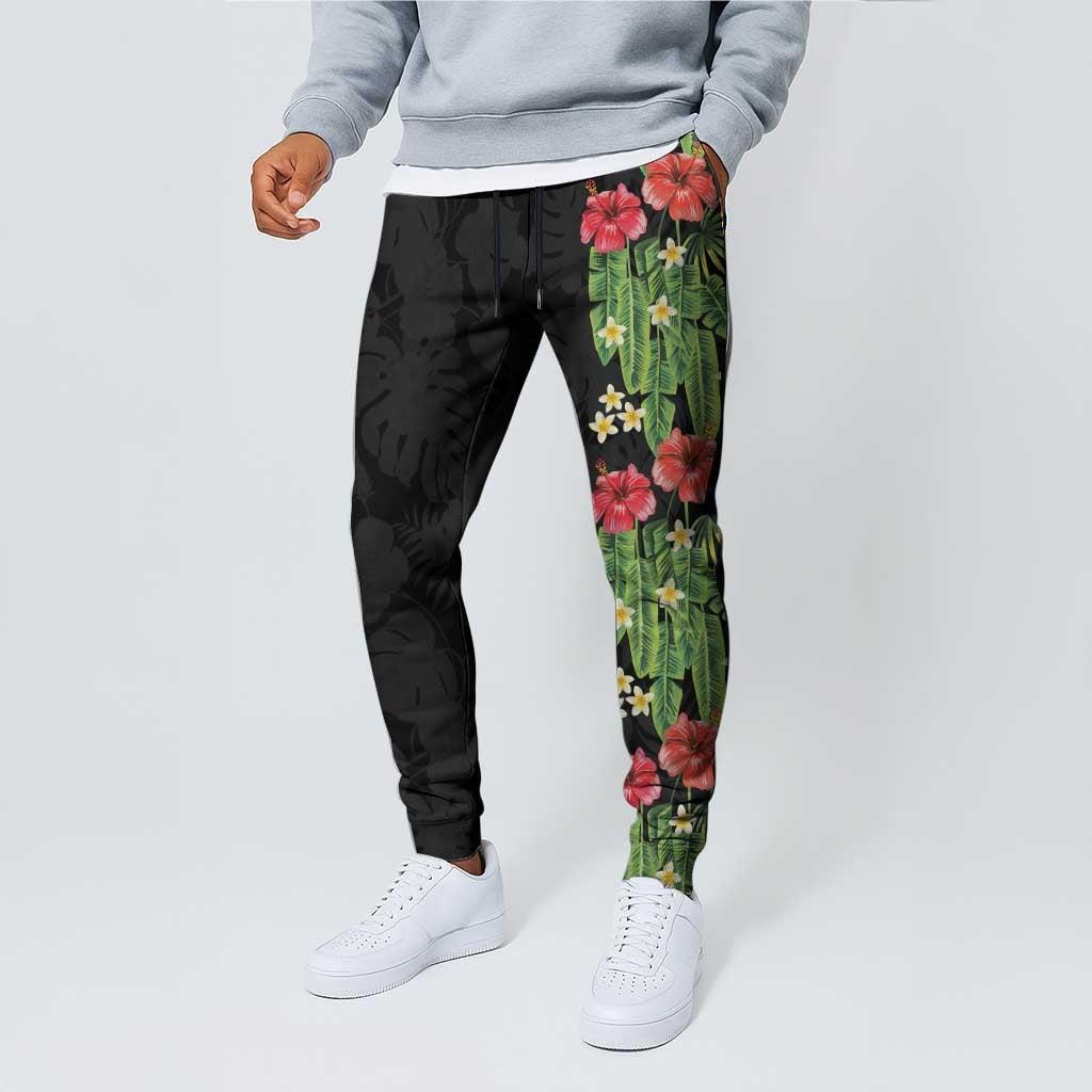 Hawaiian Hibiscus Plumeria Jogger Pants Tropical Leaves