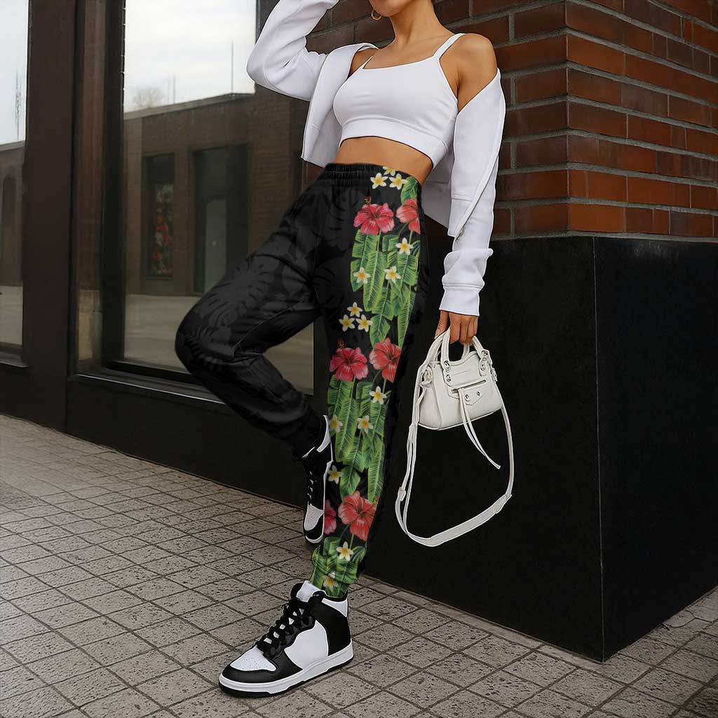 Hawaiian Hibiscus Plumeria Jogger Pants Tropical Leaves