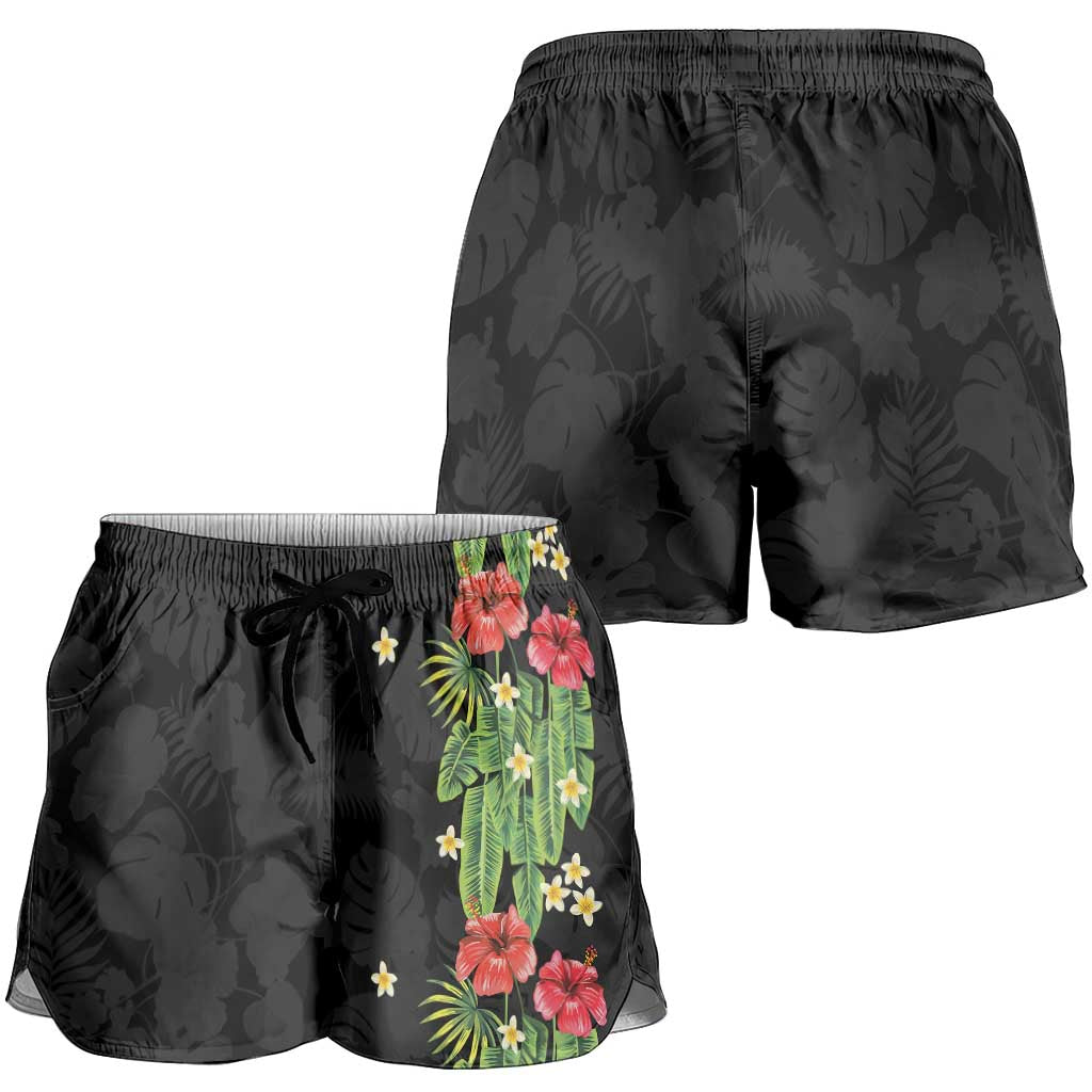 Hawaiian Hibiscus Plumeria Shorts for Women Tropical Leaves