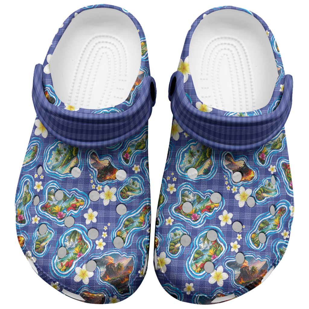 Hawaiian Island Shapes-Iconic Landscape Clogs Shoes with Plumeria and Palaka Blue Color LT03 Blue - Polynesian Pride
