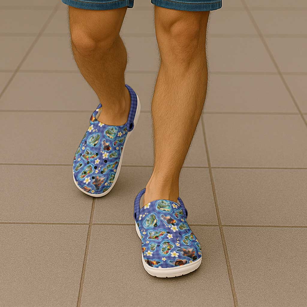 Hawaiian Island Shapes-Iconic Landscape Clogs Shoes with Plumeria and Palaka Blue Color LT03 - Polynesian Pride