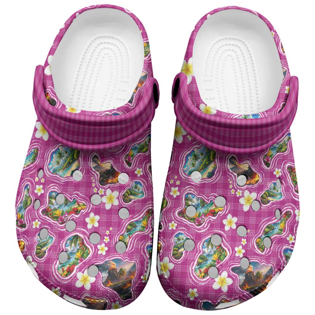 Hawaiian Island Shapes-Iconic Landscape Clogs Shoes with Plumeria and Palaka Pink Color LT03 Pink - Polynesian Pride