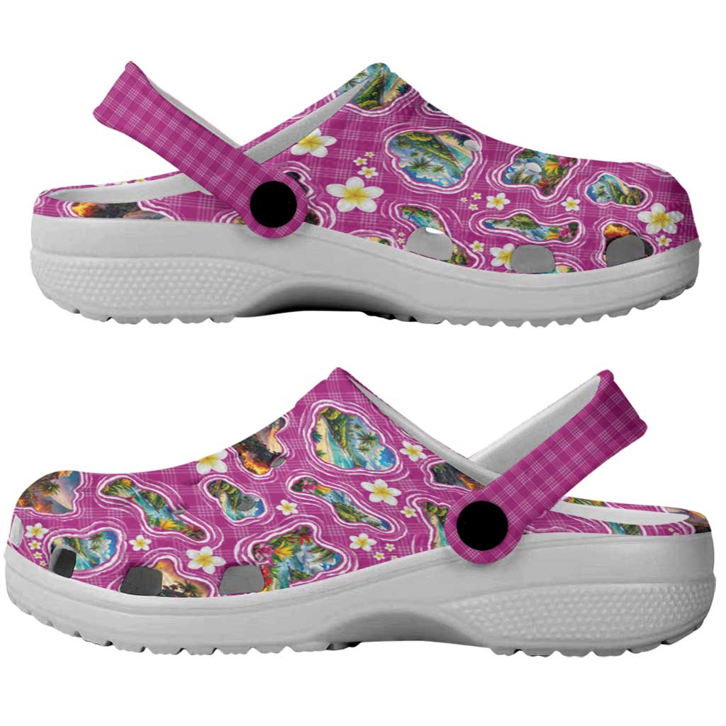 Hawaiian Island Shapes-Iconic Landscape Clogs Shoes with Plumeria and Palaka Pink Color LT03 - Polynesian Pride