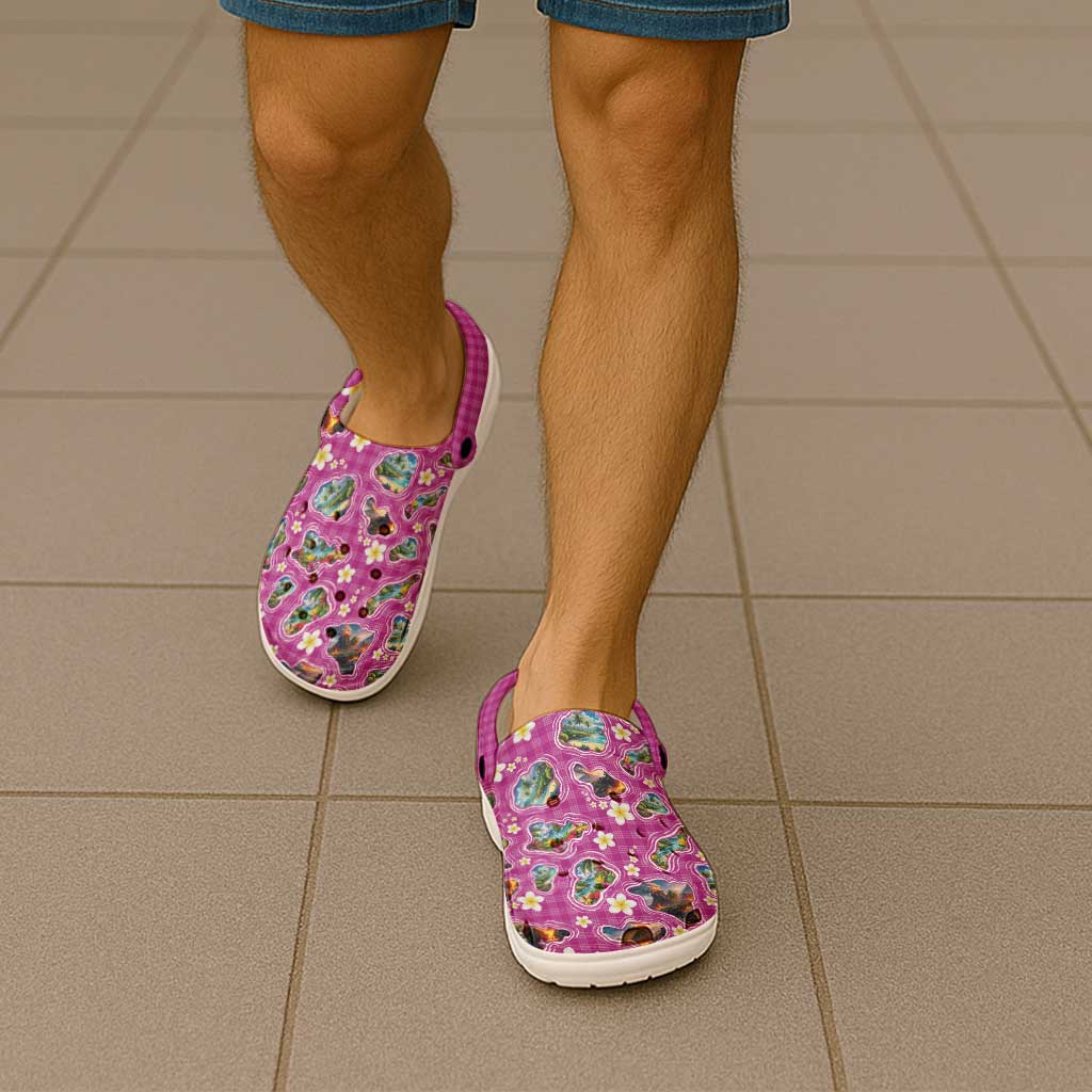 Hawaiian Island Shapes-Iconic Landscape Clogs Shoes with Plumeria and Palaka Pink Color LT03 - Polynesian Pride