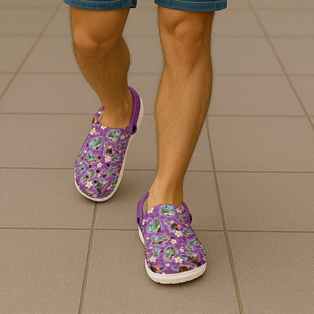Hawaiian Island Shapes-Iconic Landscape Clogs Shoes with Plumeria and Palaka Purple Color LT03 - Polynesian Pride