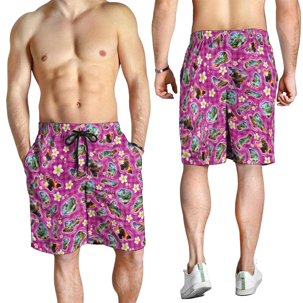 Hawaiian Island Shapes-Iconic Landscape Shorts for Men with Plumeria and Palaka Pink Color LT03 - Polynesian Pride