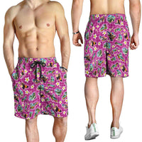 Hawaiian Island Shapes-Iconic Landscape Shorts for Men with Plumeria and Palaka Pink Color LT03 - Polynesian Pride