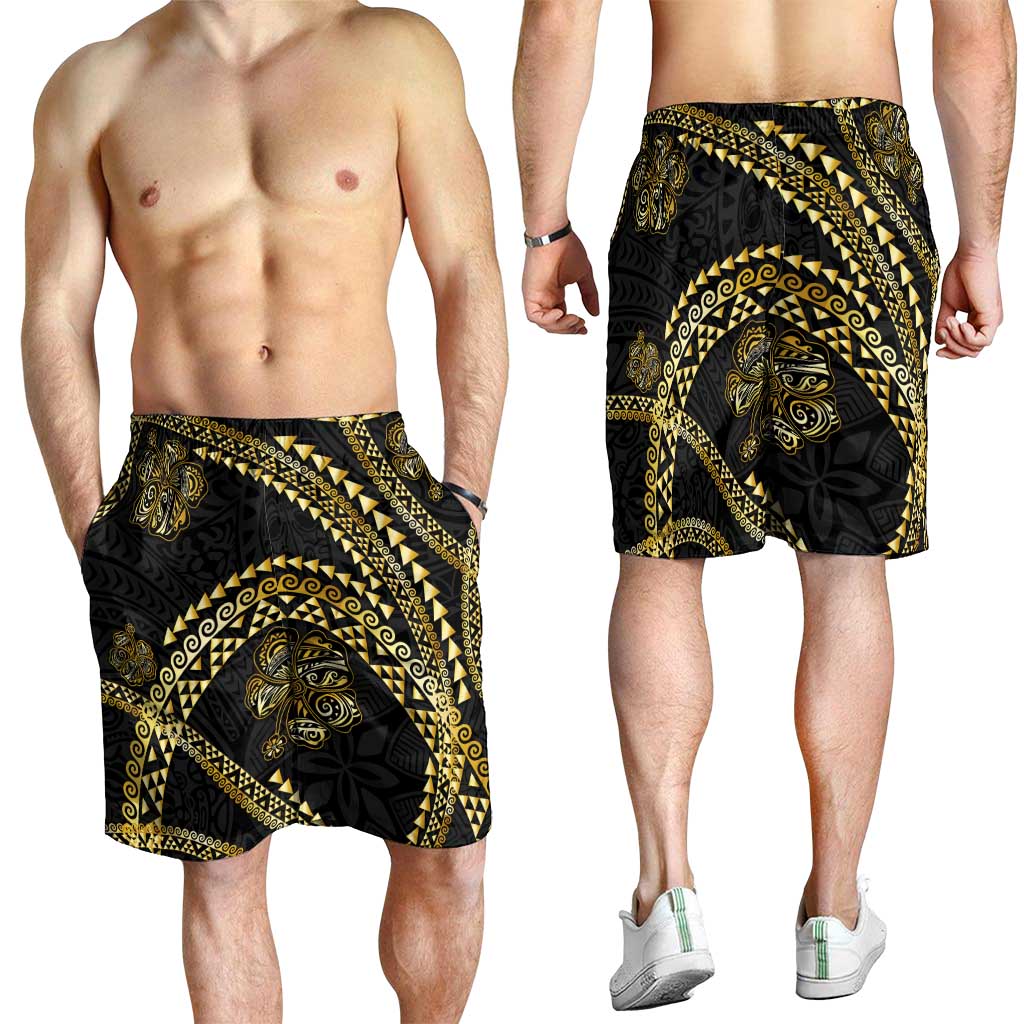 Hawaiian Kakau Art and Hisbiscus Tattoo Shorts for Men Tribal Pattern-Gold Style - Polynesian Pride