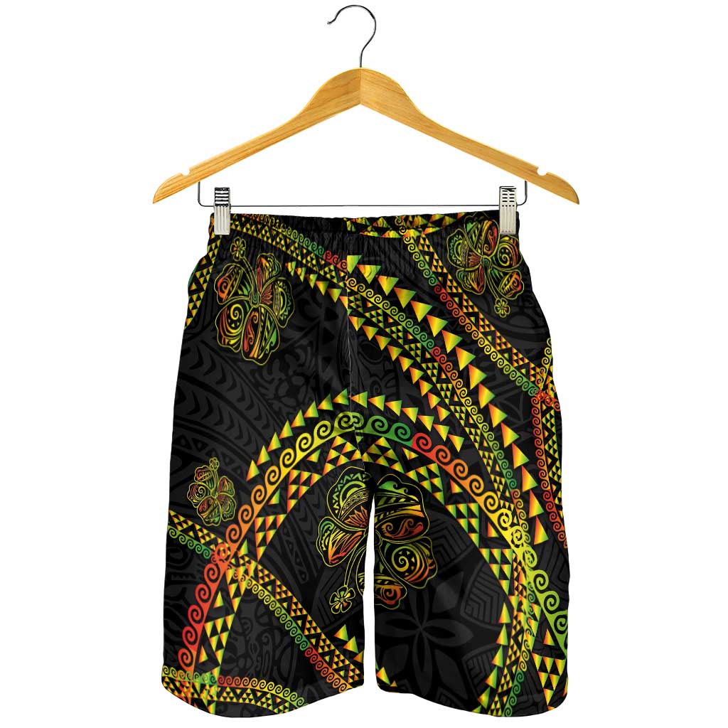 Hawaiian Kakau Art and Hisbiscus Tattoo Shorts for Men Tribal Pattern-Reggae Style - Polynesian Pride