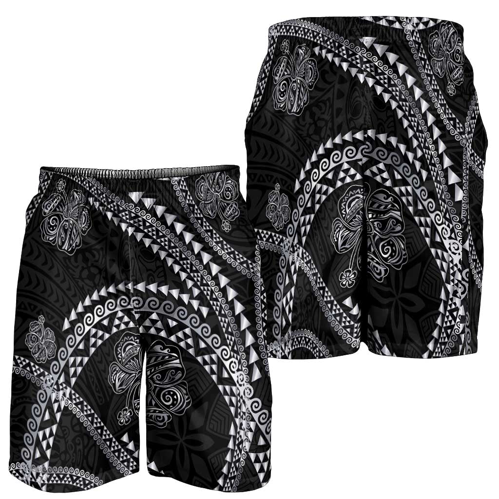 Hawaiian Kakau Art and Hisbiscus Tattoo Shorts for Men Tribal Pattern-Silver Style - Polynesian Pride