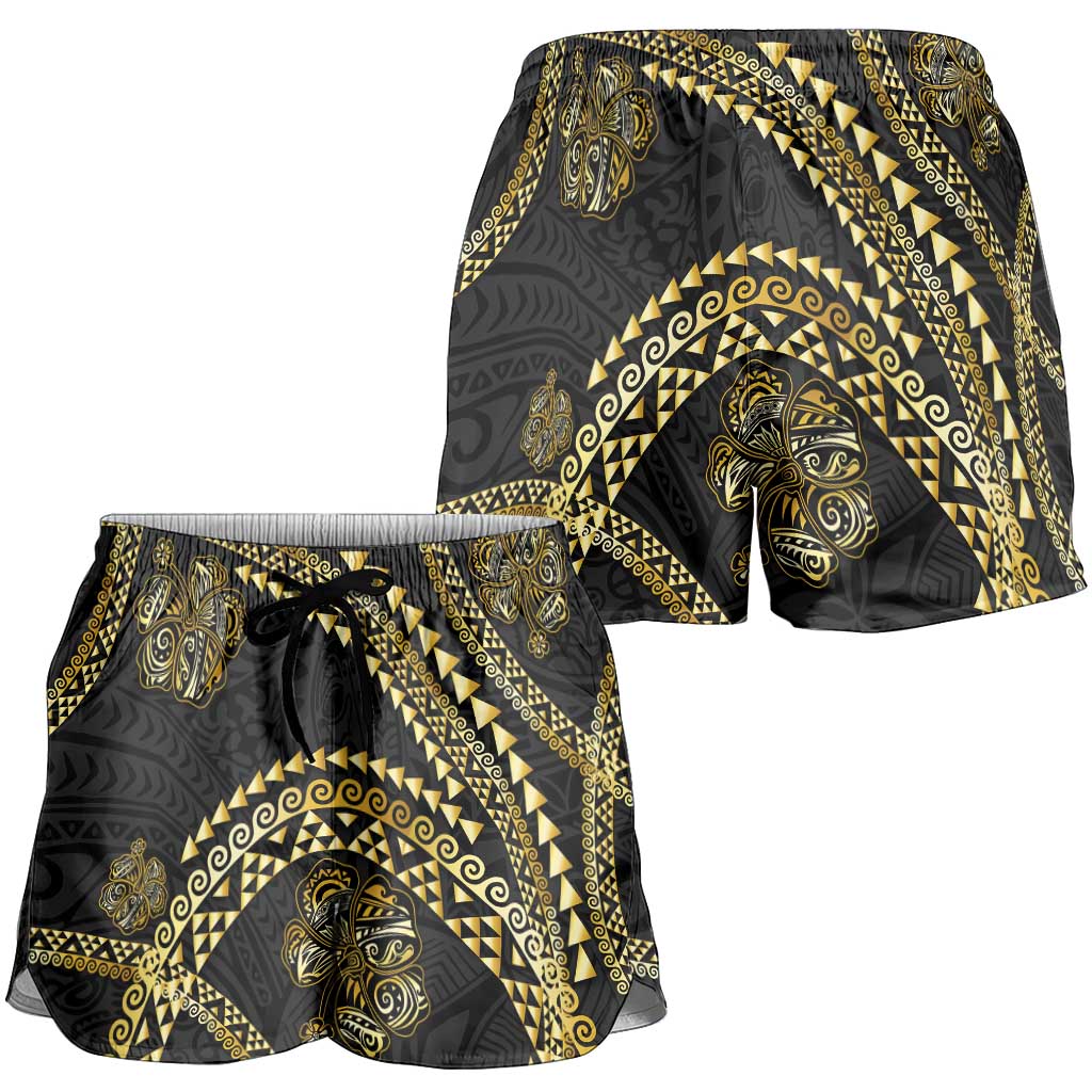 Hawaiian Kakau Art and Hisbiscus Tattoo Shorts for Women Tribal Pattern-Gold Style - Polynesian Pride