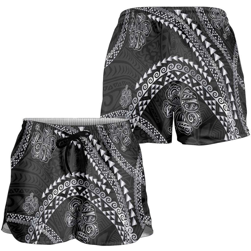 Hawaiian Kakau Art and Hisbiscus Tattoo Shorts for Women Tribal Pattern-Silver Style - Polynesian Pride