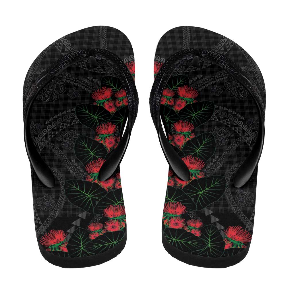 Hawaiian Kakau Art Flip Flops Taro Leaves with Ohia Lehua and Pakala Pattern - Polynesian Pride