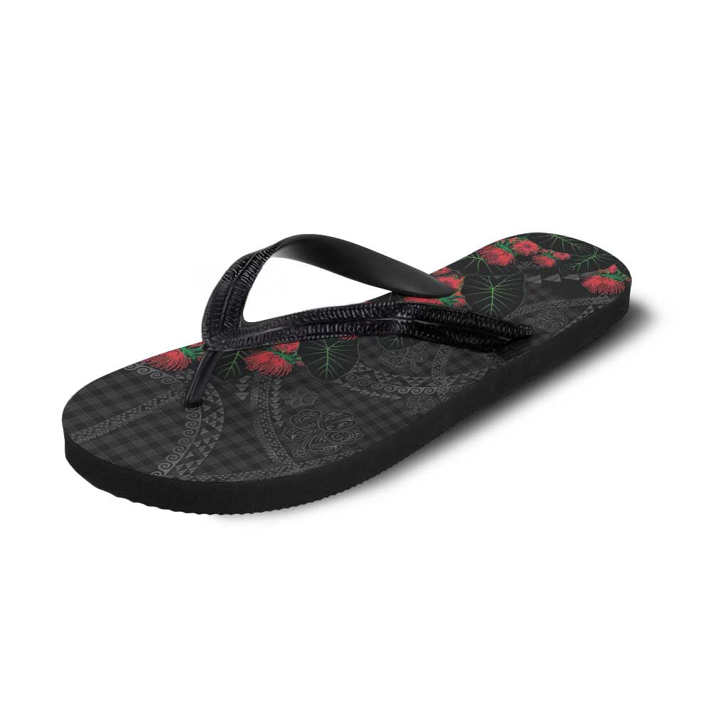Hawaiian Kakau Art Flip Flops Taro Leaves with Ohia Lehua and Pakala Pattern - Polynesian Pride