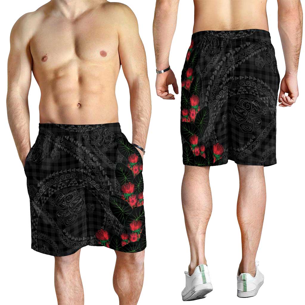 Hawaiian Kakau Art Shorts for Men Taro Leaves with Ohia Lehua and Pakala Pattern - Polynesian Pride