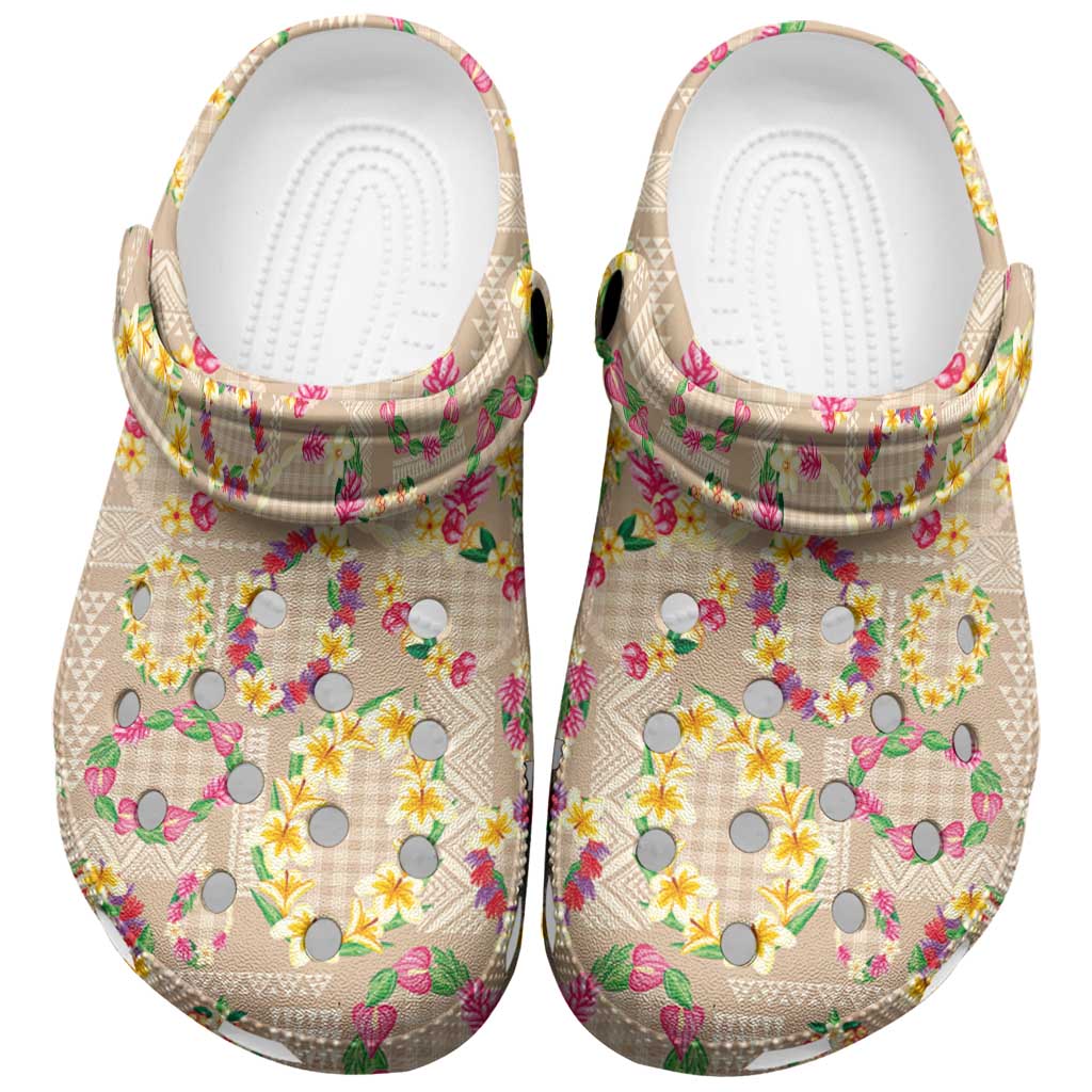 Hawaiian Kakau Tattoo Leis and Palaka Pattern Clogs Shoes Traditional Aloha Tribal Beige Color LT03 Beige - Polynesian Pride