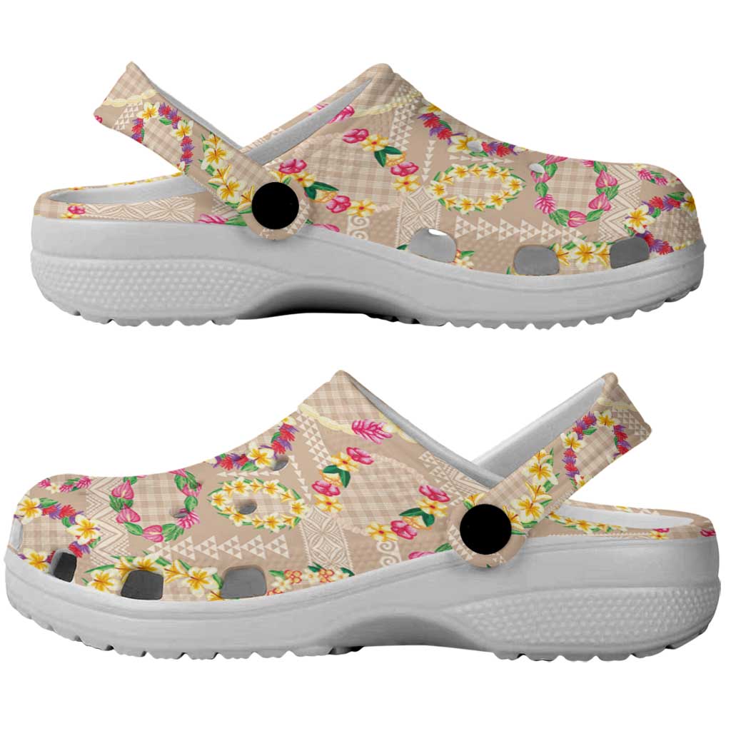 Hawaiian Kakau Tattoo Leis and Palaka Pattern Clogs Shoes Traditional Aloha Tribal Beige Color LT03 - Polynesian Pride