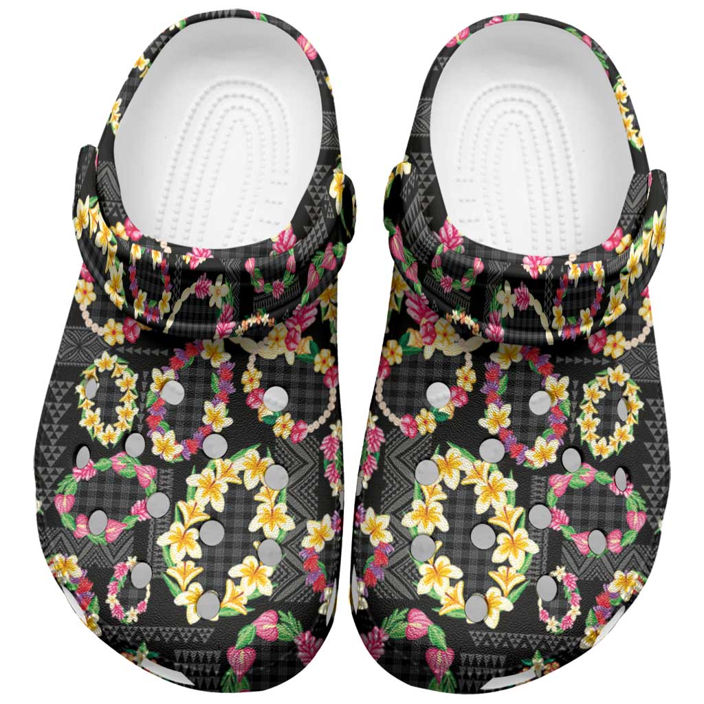 Hawaiian Kakau Tattoo Leis and Palaka Pattern Clogs Shoes Traditional Aloha Tribal Black Color LT03 Black - Polynesian Pride
