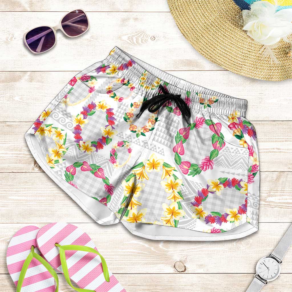 Hawaiian Kakau Tattoo Leis and Palaka Pattern Shorts for Women Traditional Aloha Tribal White Color