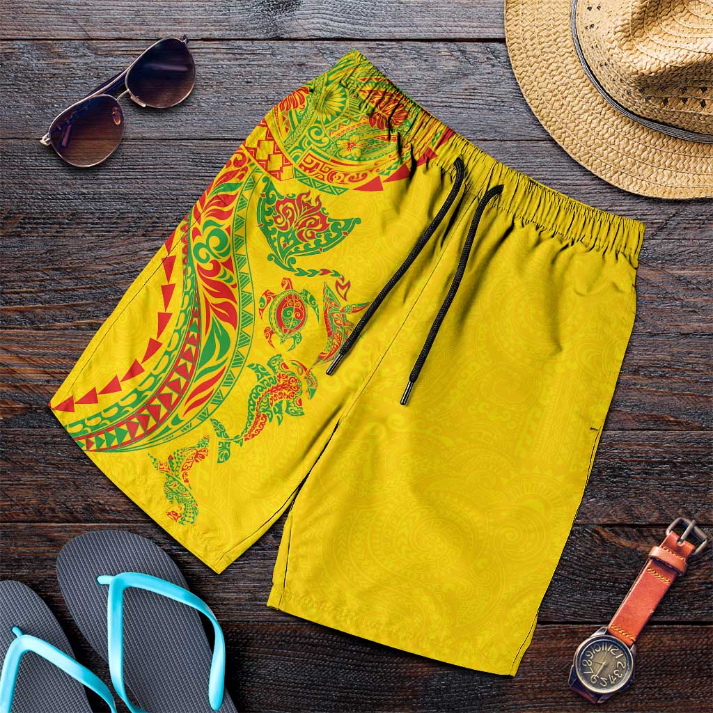 Hawaiian Kakau Tribal Sea Animals Tattoos Shorts for Men Kanaka Maoli Flag Color Inspired