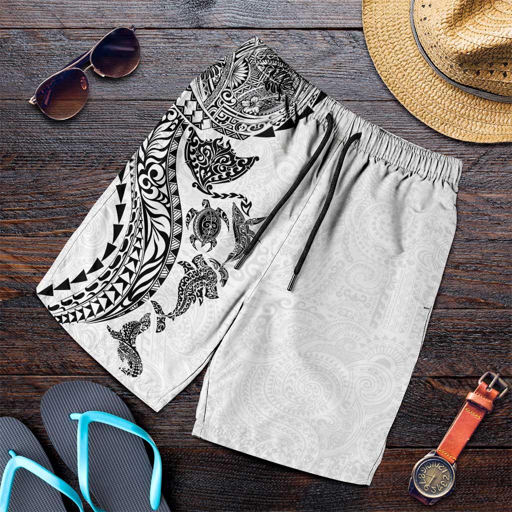 Hawaiian Kakau Tribal Sea Animals Tattoos Shorts for Men White Color