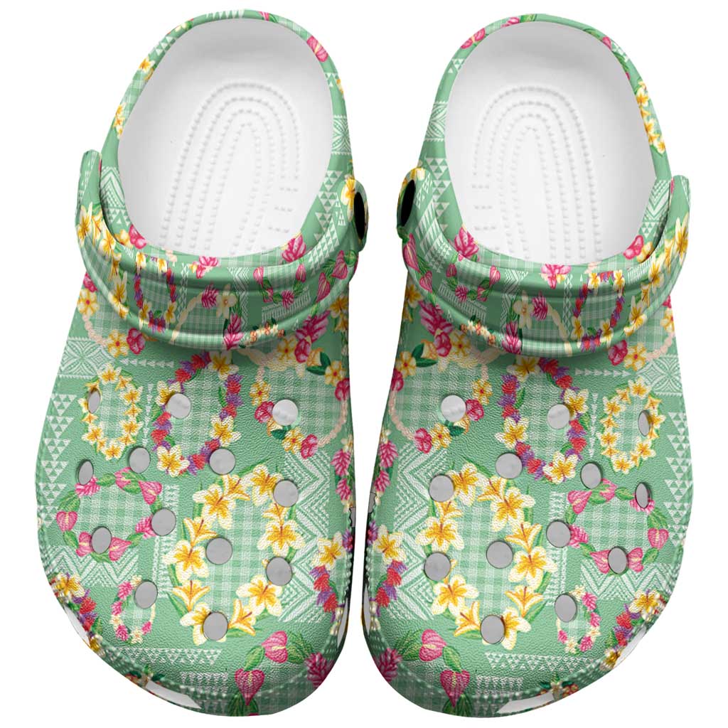 Hawaiian Leis Clogs Shoes Kakau Tattoos and Palaka Pastel Green Color