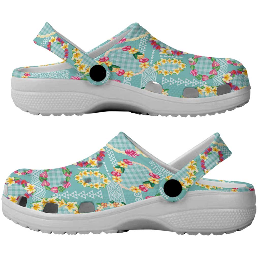 Hawaiian Leis Clogs Shoes Kakau Tattoos and Palaka Pastel Teal Color LT03 - Polynesian Pride