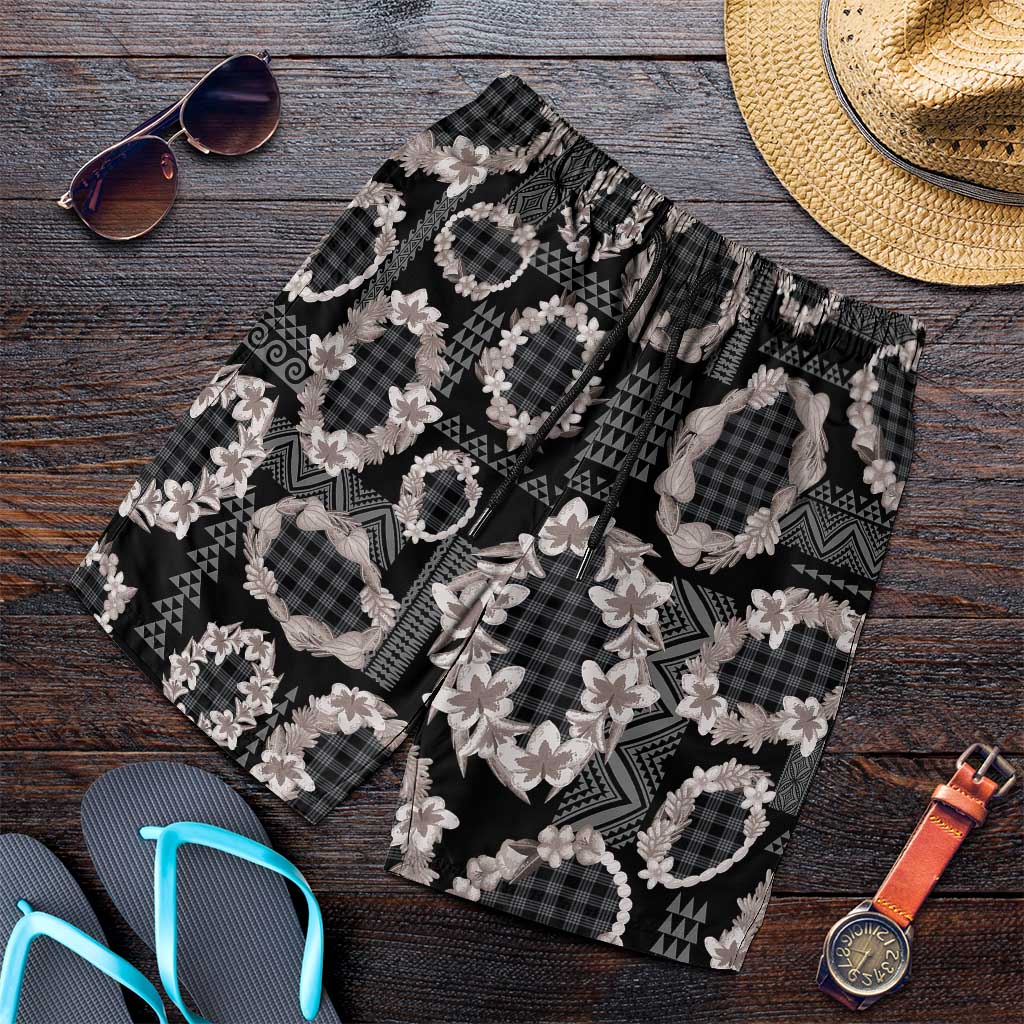 Hawaiian Leis Shorts for Men Kakau Tattoos and Palaka Pastel Grayscale LT03 Black - Polynesian Pride