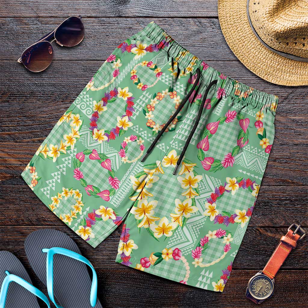 Hawaiian Leis Shorts for Men Kakau Tattoos and Palaka Pastel Green Color