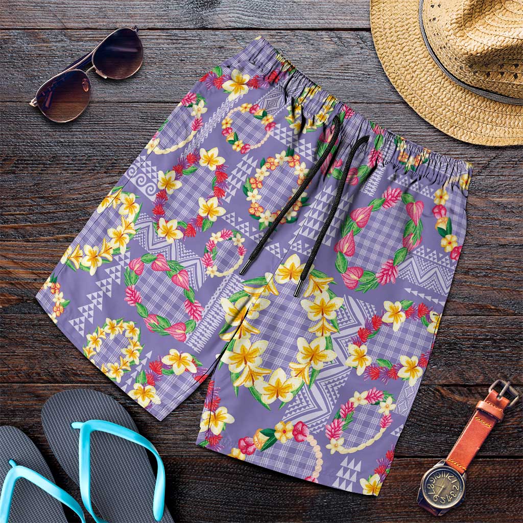 Hawaiian Leis Shorts for Men Kakau Tattoos and Palaka Pastel Purple Color LT03 Purple - Polynesian Pride