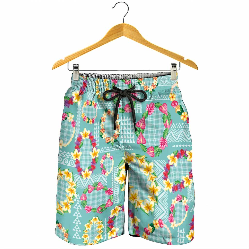Hawaiian Leis Shorts for Men Kakau Tattoos and Palaka Pastel Teal Color LT03 - Polynesian Pride