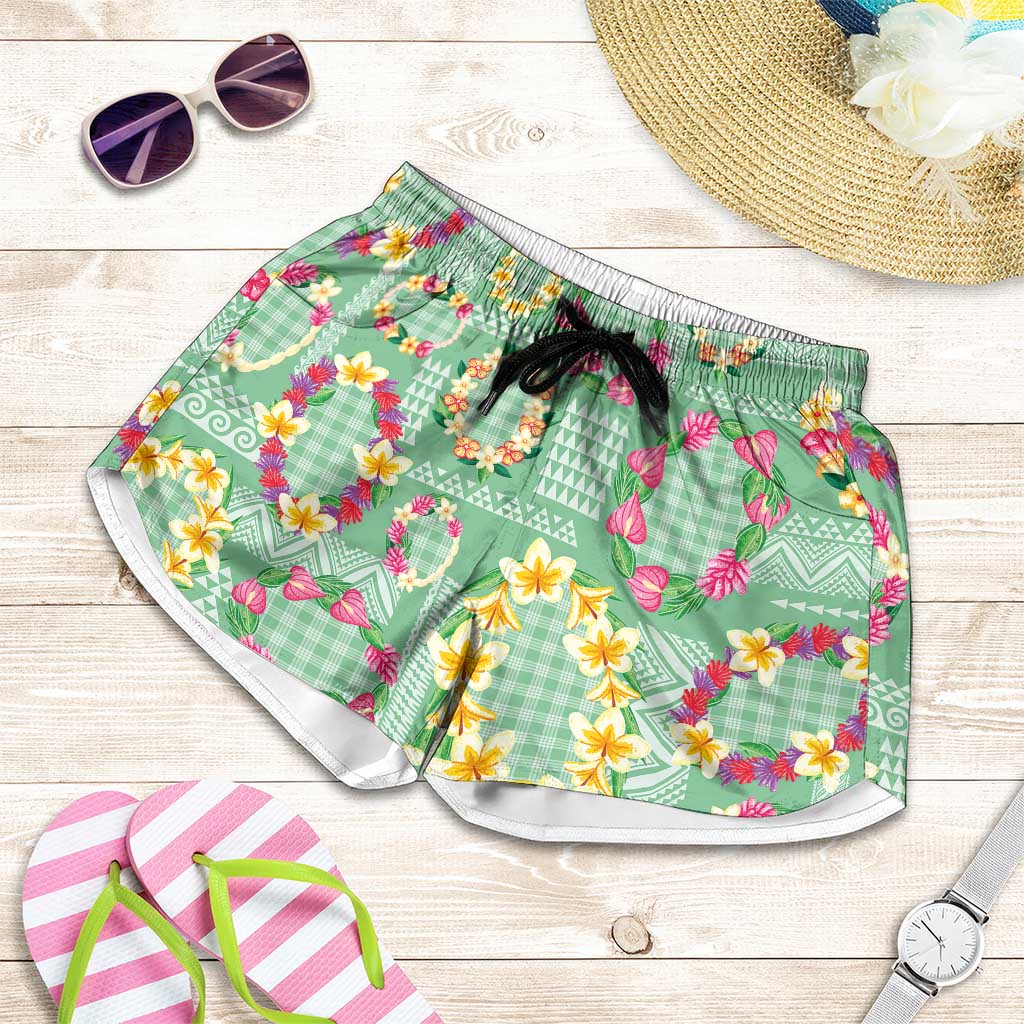 Hawaiian Leis Shorts for Women Kakau Tattoos and Palaka Pastel Green Color