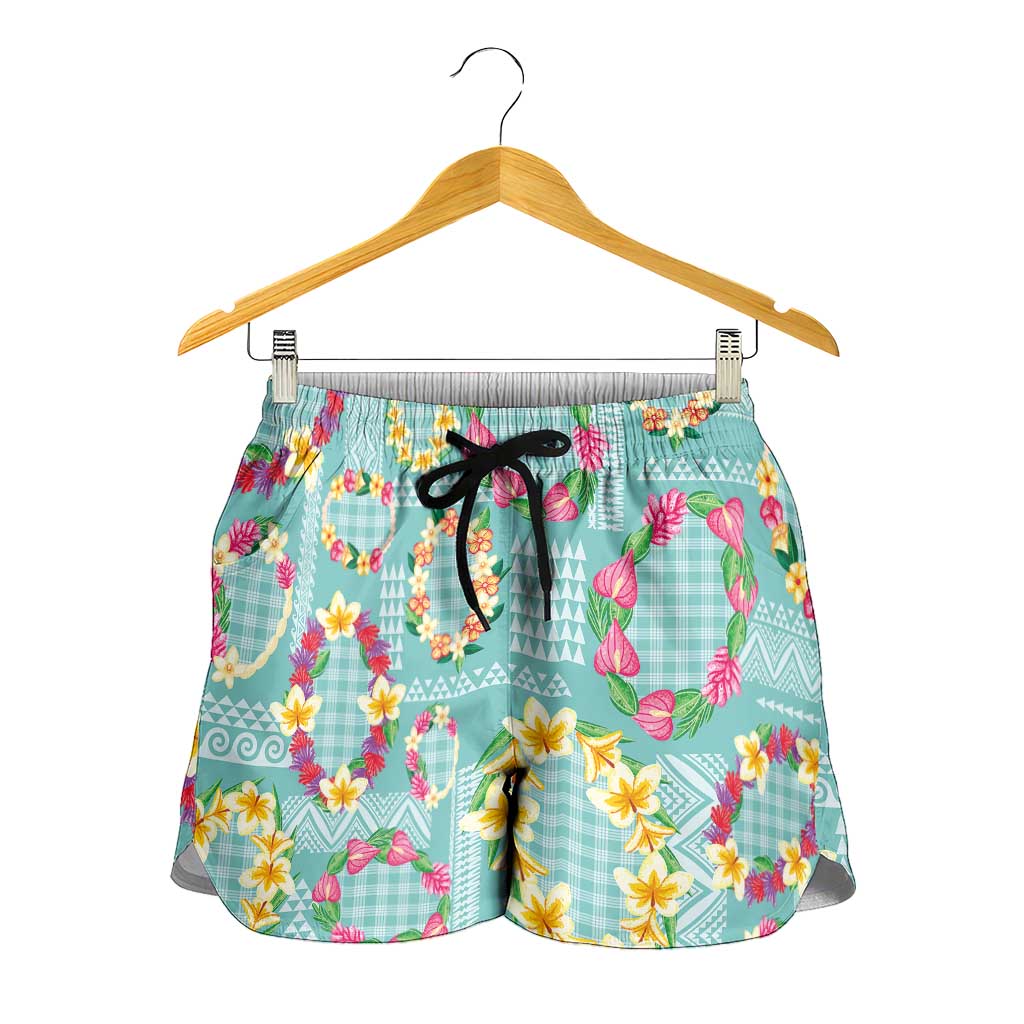 Hawaiian Leis Shorts for Women Kakau Tattoos and Palaka Pastel Teal Color LT03 - Polynesian Pride