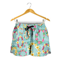 Hawaiian Leis Shorts for Women Kakau Tattoos and Palaka Pastel Teal Color LT03 - Polynesian Pride