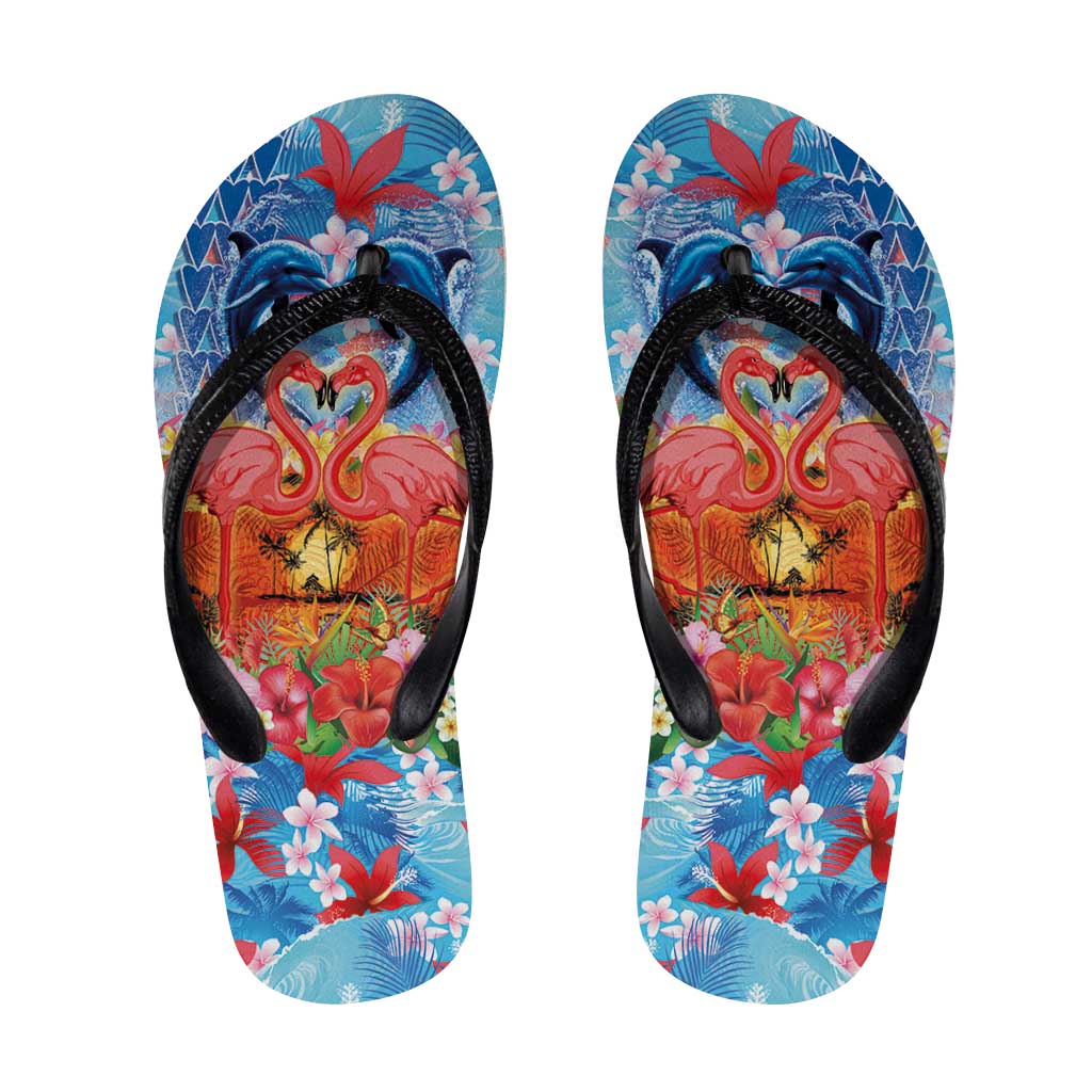 Hawaiian Love-Couple Dolphins and Flamingos Flip Flops - Polynesian Pride