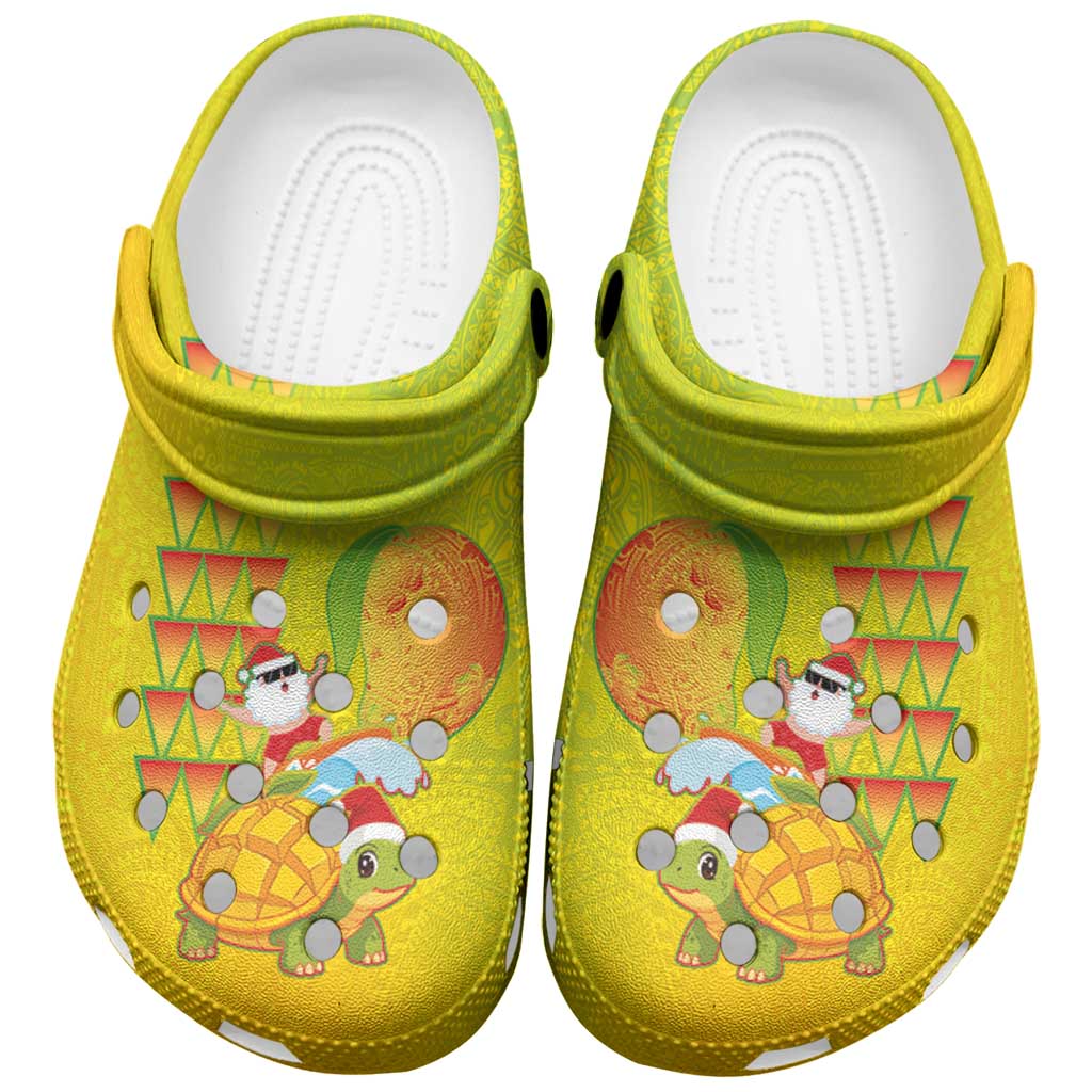 Hawaiian Mango Mele Kalikimaka Clogs Shoes Santa Claus Surfing with Mango Christmas Turtle